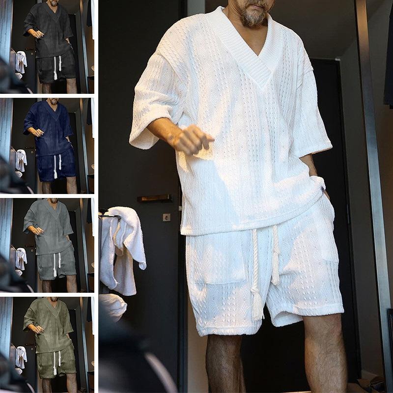 Men’s Premium Summer Knit Set | V-Neck Short Sleeve T-Shirt & Shorts Co-Ord | Stylish Casual Outfit