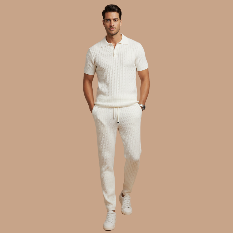 Men’s Casual Two-Piece Set – Lapel Button Polo & Trousers