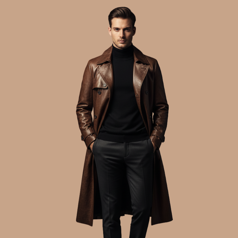 Mid-Length Leather Coat – Refined Comfort & Style