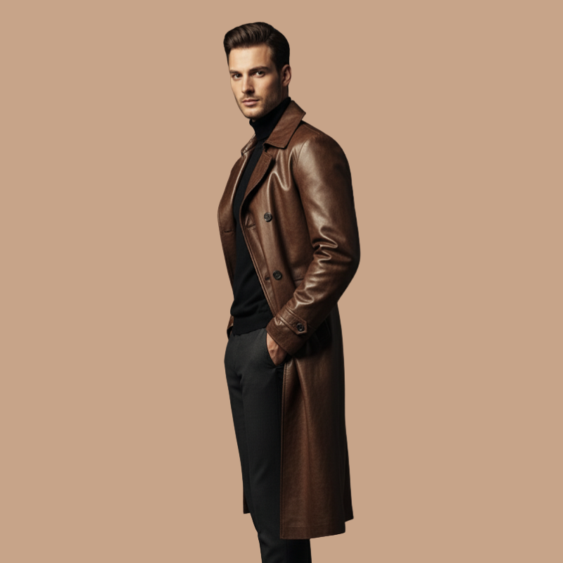 Mid-Length Leather Coat – Refined Comfort & Style