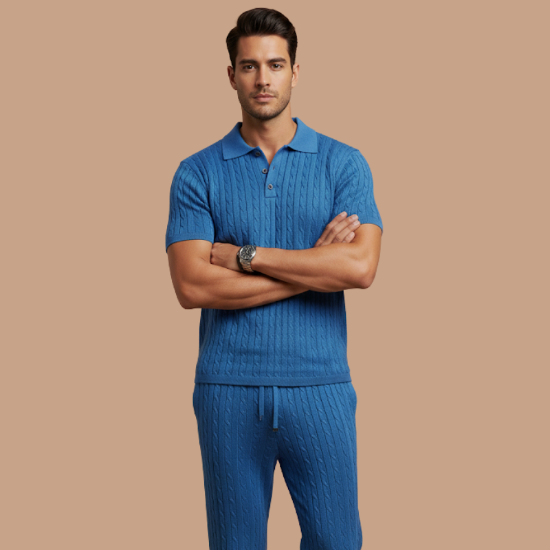 Men’s Casual Two-Piece Set – Lapel Button Polo & Trousers