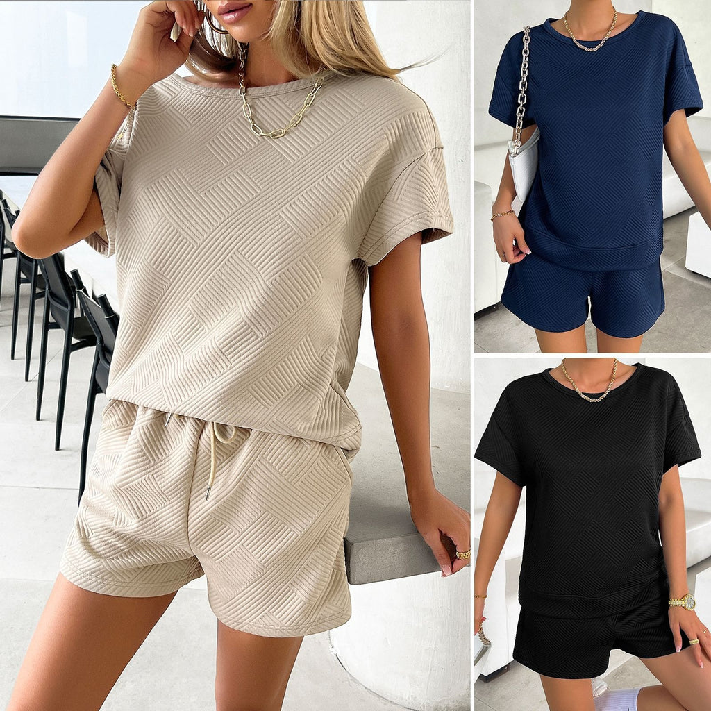 Women's summer solid color knitted round neck top and shorts casual two-piece set