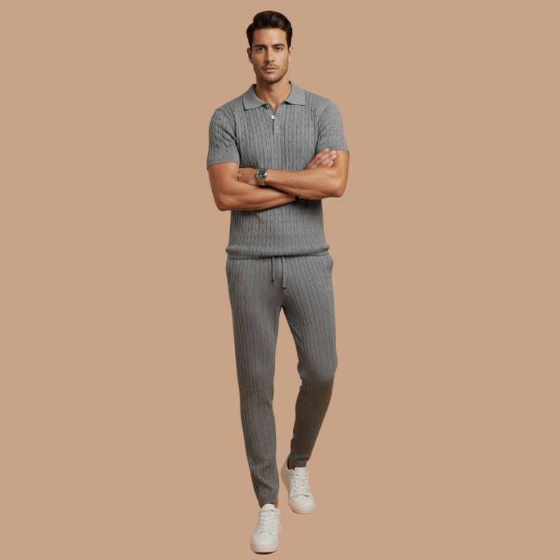 Men’s Casual Two-Piece Set – Lapel Button Polo & Trousers