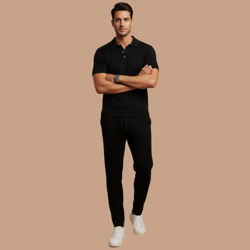 Men’s Casual Two-Piece Set – Lapel Button Polo & Trousers