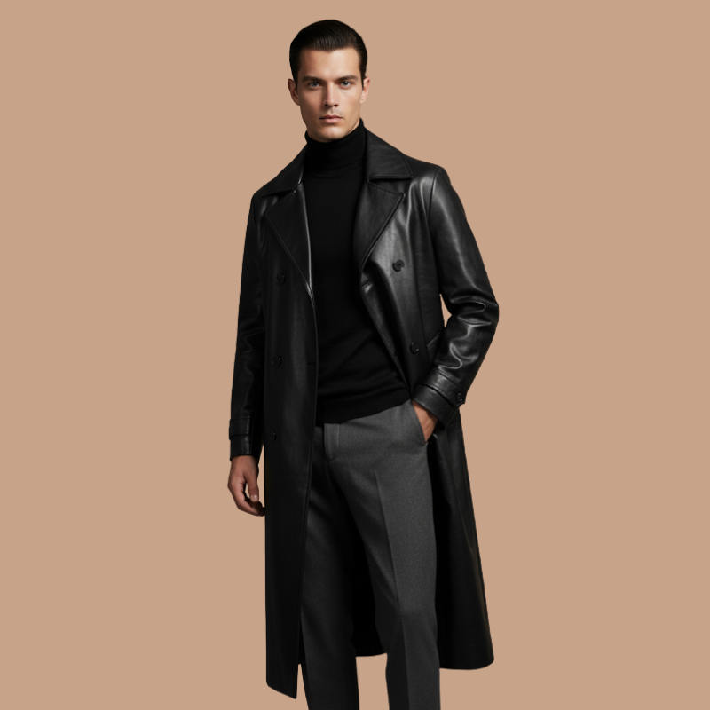 Mid-Length Leather Coat – Refined Comfort & Style