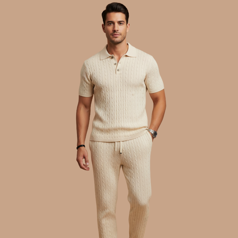 Men’s Casual Two-Piece Set – Lapel Button Polo & Trousers