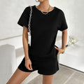 Women's summer solid color knitted round neck top and shorts casual two-piece set