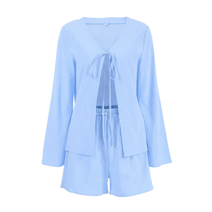 Women’s Premium Summer Set | Tie-Front Long Sleeve Top & Shorts Co-Ord | Elegant Casual Outfit