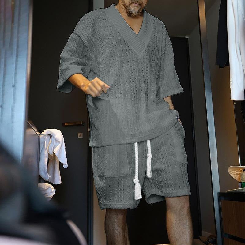 Men’s Premium Summer Knit Set | V-Neck Short Sleeve T-Shirt & Shorts Co-Ord | Stylish Casual Outfit