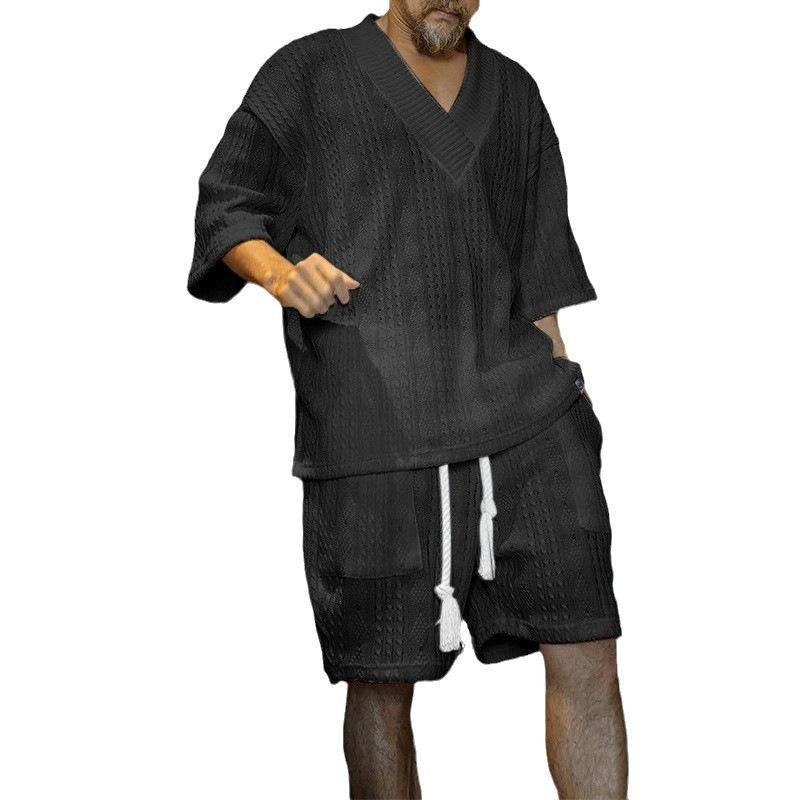 Men’s Premium Summer Knit Set | V-Neck Short Sleeve T-Shirt & Shorts Co-Ord | Stylish Casual Outfit